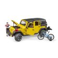 Bruder Jeep Wrangler Rubicon mit Radfahrer und Fahrrad