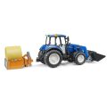 Bruder New Holland T5.120 mit Frontlader, Ladekasten, Gabeln und Rundballen