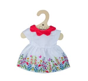 Bigjigs Toys Weißes geblümtes Kleid mit rotem Kragen für Puppe 34 cm