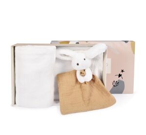 Doudou Happy Rabbit Geschenkset mit einem Schal und einem beigen Schlafanzug