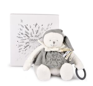 Doudou Geschenkset Plüsch Eisbär mit Ring 30 cm Grau