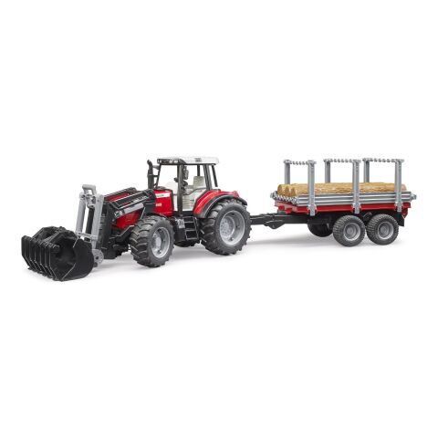 Bruder Massey Ferguson 7480 Traktor mit Frontlader und Holzträger