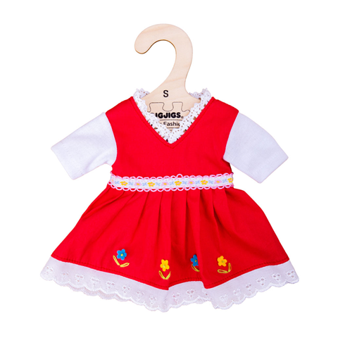 Bigjigs Toys Rotes geblümtes Kleid für Puppe 28 cm