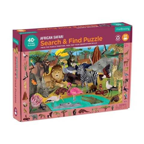 Mudpuppy Puzzle „Safari hinzufügen und suchen“ 64 Teile