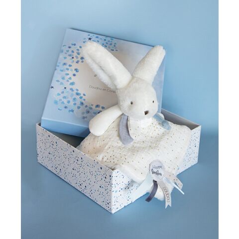 Doudou Geschenkset blau - Kaninchen mit quadratischer Decke 25 cm