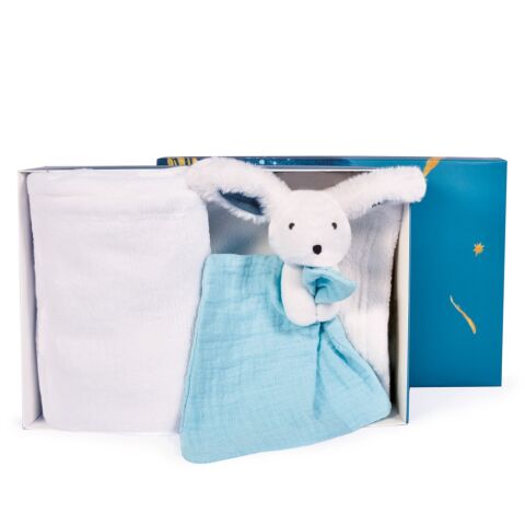 Doudou Happy Rabbit Geschenkset Decke und blauer Schnuffeltuch