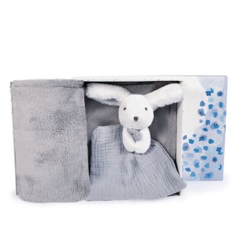 Doudou Happy Rabbit Geschenkset Decke und blau-grauer Snood